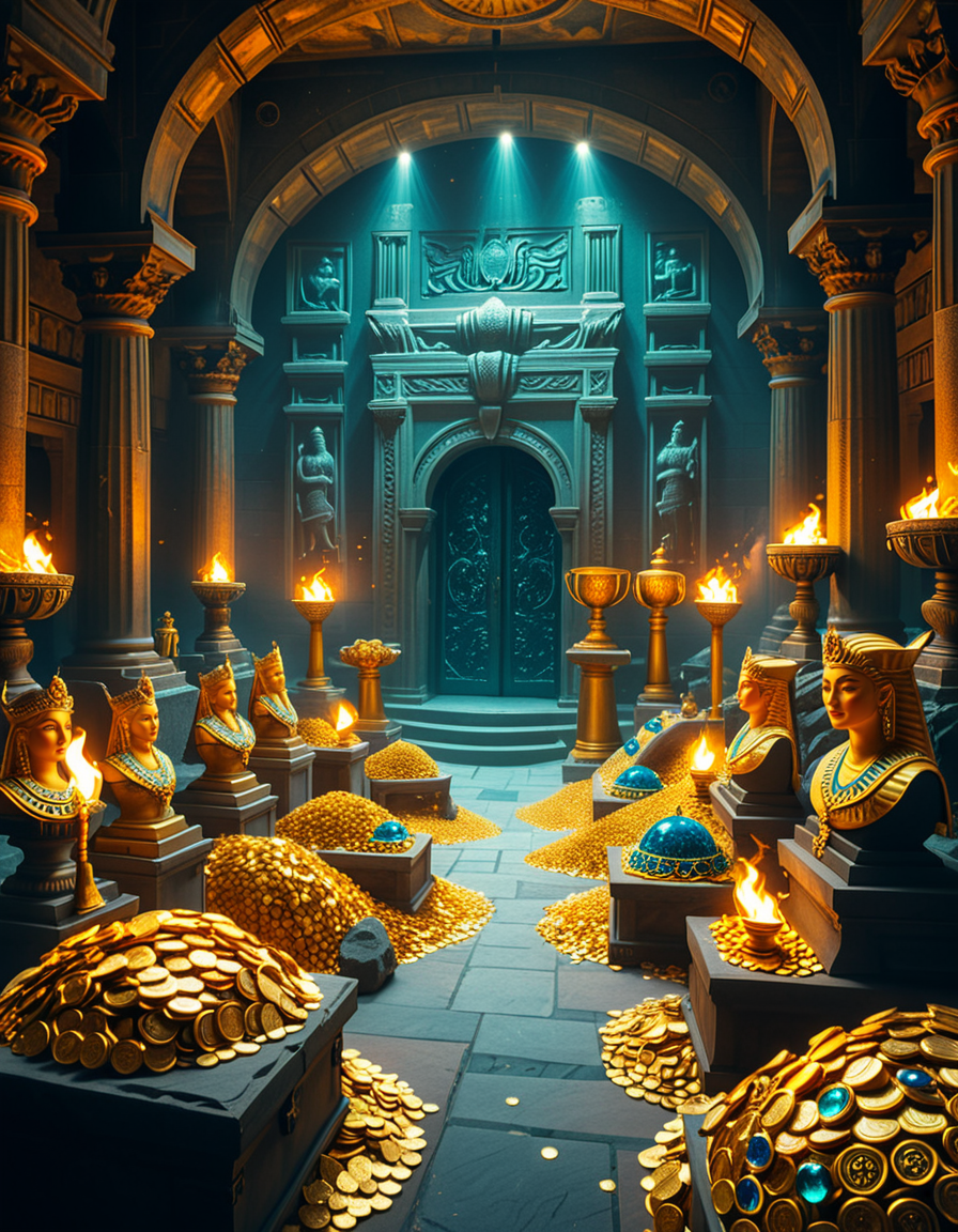 A hidden treasure chamber deep within an ancient temple, illuminated by the warm golden glow of torches and mystical blue light from enchanted crystals. The room is filled with piles of gold coins, jewel-encrusted goblets, and ancient artifacts covered in dust. Massive stone statues of forgotten deities guard the chamber, their eyes glowing faintly as if watching intruders. In the center, a grand pedestal holds a legendary artifactâan ornate golden crown encrusted with emeralds and sapphires, shimmering with an otherworldly aura. The walls are adorned with intricate carvings depicting lost civilizations, and creeping vines hint at centuries of abandonment. The atmosphere is mystical and slightly eerie, with a sense of both wonder and danger. The air is thick with the scent of aged parchment and burning incense, adding to the chamberâs ancient and mysterious feel. Cinematic lighting with dramatic shadows enhances the depth and richness of the scene, creating a visually stunning and immersive environment.
<lora:SDXLFaeTastic2400:0.4> <lora:extremely_detailed:0.4> extremely detailed, <lora:treasure_ch4mb3r:1>,treasure ch4mb3r, Masterpiece,best quality,hi res,8k,hi res,8k,award winning,(sharp focus, intricate, highly detailed),