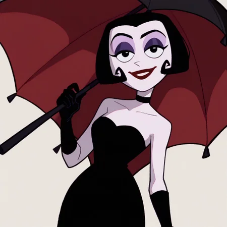 score_9, score_8_up, score_7_up BREAK MalariaG, 1girl, black hair, black eyes, pale skin, purple eyeshadow, red lipstick, black choker, long sleeveless black dress, long black gloves, holding black umbrella, smiling at viewer,
