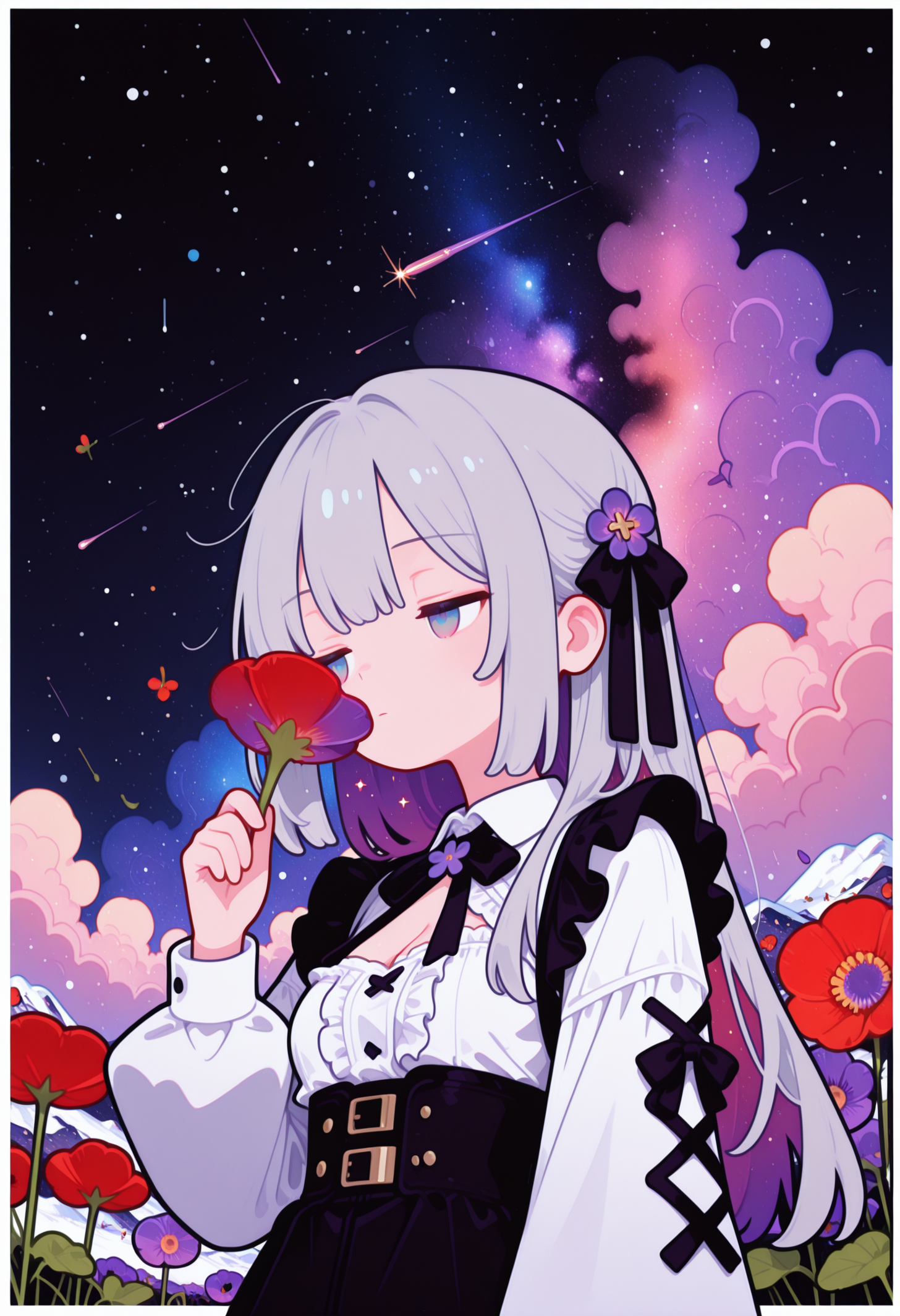 masterpiece, best quality, good quality, newest, highres, absurdres, from below,
pastel cyan eyes, grey hair, multi colored hair, long hair, hair ornament, twintale, colored inner hair,
half closed eyes, dazed, emotionless, small breasts, cleavage,
white shirt, frills, long sleeves, dark black   skirt, center frills,
frilled skirt, high-waist skirt, puffy long sleeves, black bow, collared shirt, puffy sleeves,
1girl, solo, upper body, poppies, hand up, smelling poppy, looking to the side, leaf, red poppies, purple poppies, simple gradient lapis lazuli  background with thick white border, symmetrical clouds, snowy mountains in background, , (galaxies in sky, light particles, many shooting starts),
laced sleeves,  Flat vector illustration, fl4t,
<lora:fl4t:1.2>