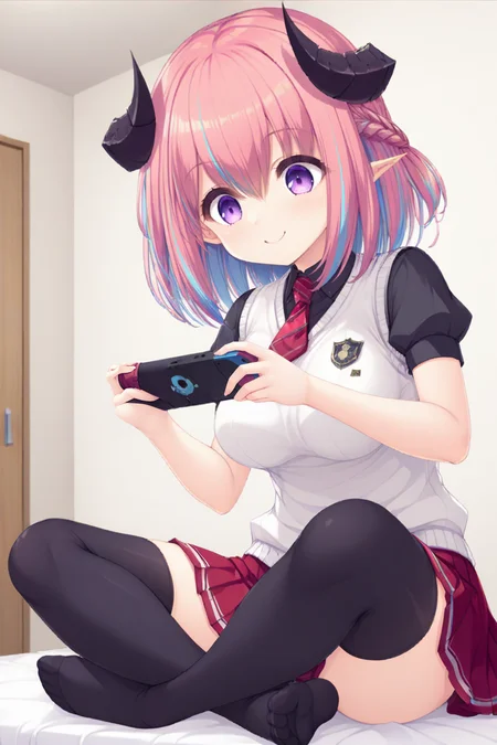 masterpiece,best quality,amazing quality,highres,scenery,newest,1girl,official style,hellmilia, horns, demon horns, purple eyes, braid, pink hair, multicolored hair, pointy ears, bangs, blue hair, hair between eyes, two-tone hair,hellmilia school, thighhighs, red skirt, skirt, pleated skirt, short sleeves, black thighhighs, breasts, shirt, puffy sleeves, medium breasts, collared shirt, necktie, puffy short sleeves, sweater vest, white shirt, streaked hair, tail,
<lora:newworld-hellmilia-V1:1>,bedroom,bed,smile,indian style, playing games, feet,from below