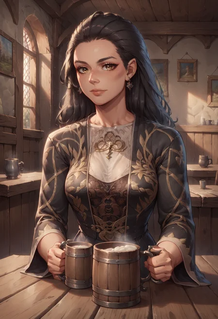 Role-playing game (RPG) style fantasy score_9, score_8_up, score_7_up, source_anime, 1girl, mysra, black hair, brown eyes, sitting in a tavern, holding a mug of ale, breasts, masterpiece, digital painting, curvy, , ,
warm and fuzzy mood, <lora:mystraPony:0.9>, . Detailed, vibrant, immersive, reminiscent of high fantasy RPG games