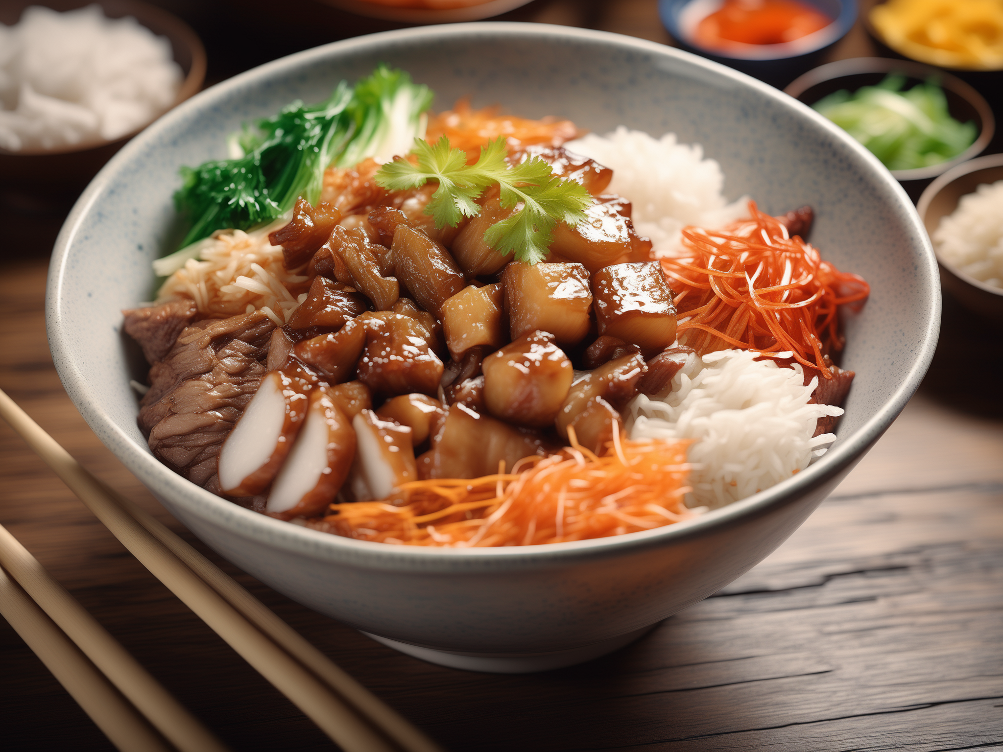 raw photo,A high-resolution, hyper-realistic image of a bowl of delicious Robabon, a popular dish in Asian cuisine. The Robabon is cooked to perfection, with a sticky and thick texture. It's topped with a variety of colorful vegetables and meat, creating a vibrant and appetizing display. The bowl is placed on a rustic wooden table, with a pair of chopsticks resting on the side. The scene is set in a homey kitchen environment, with all elements in sharp focus, creating a clear and detailed image. The lighting should be natural and soft, highlighting the appetizing qualities of the Robabon and the cozy atmosphere of the setting,  <lora:robabon:0.7>,robabon