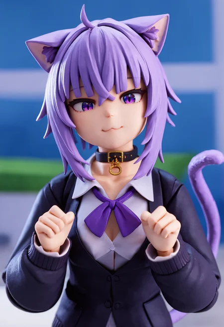 score_9, score_7_up, 1girl, <lora:spfigmaFigurineXLPony2:1> 3d, figma, depth of field, blurry background, <lora:okayuXL:1> okayu_casual, dress shirt, purple ribbon, button gap, no pants, black cardigan, animal collar, cat tail, ahoge