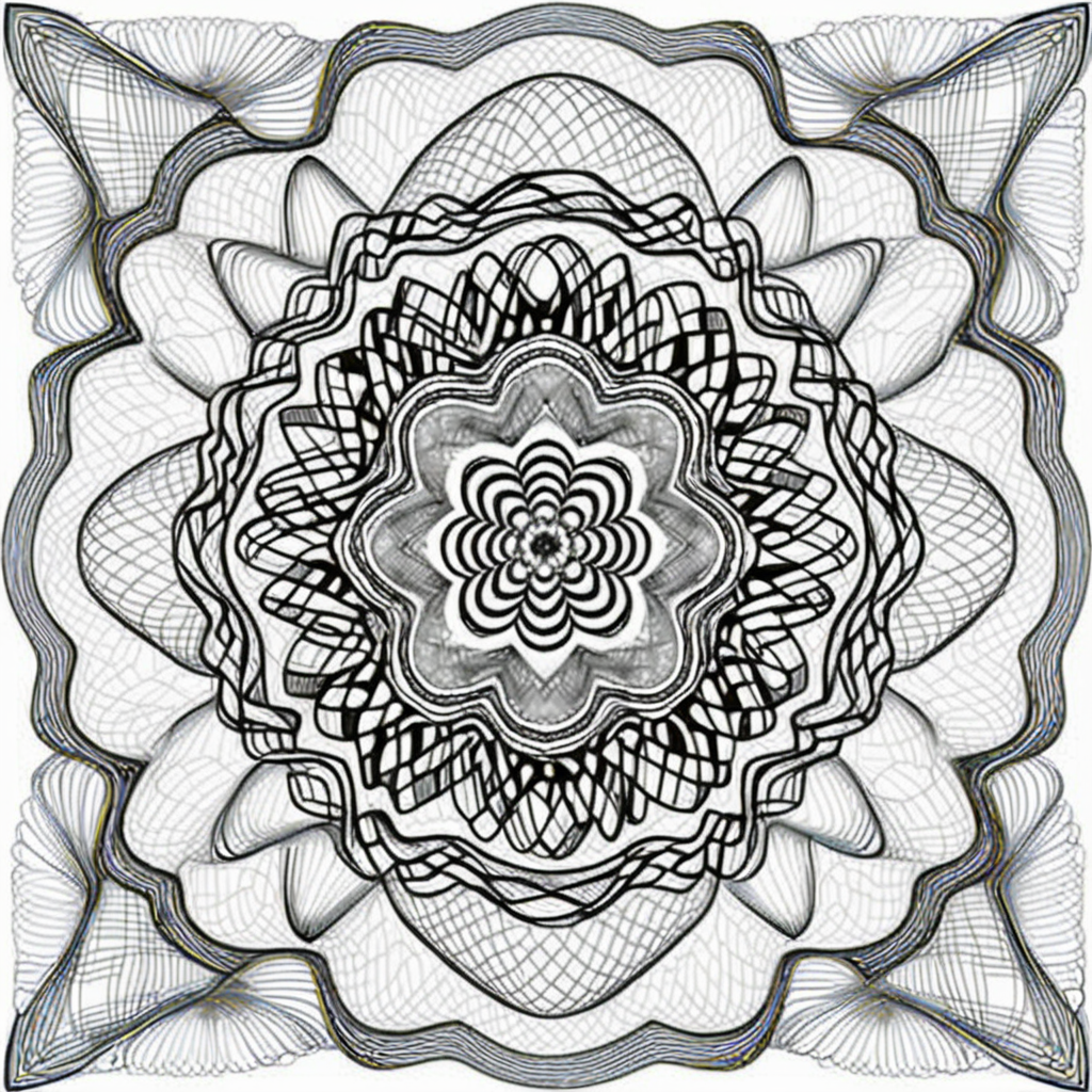 The design consists of multi-layered geometric shapes that radiate symmetrically from the center,forming intricate patterns. The patterns should feature gradually changing lines,which can be straight,wavy,or spiraled. Please use a harmonious color palette,predominantly cold tones. The entire image should evoke a sense of meditation and relaxation,akin to a finely crafted mandala or a meticulous currency security thread pattern,successive orderly beautifulmeticulous Bessel curve of money,cline,monochrome,incredibly absurdres,<lora:cx_V0:1>,