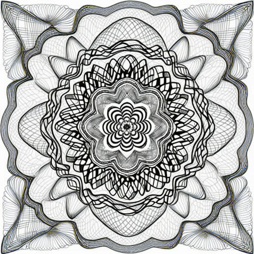 The design consists of multi-layered geometric shapes that radiate symmetrically from the center,forming intricate patterns. The patterns should feature gradually changing lines,which can be straight,wavy,or spiraled. Please use a harmonious color palette,predominantly cold tones. The entire image should evoke a sense of meditation and relaxation,akin to a finely crafted mandala or a meticulous currency security thread pattern,successive orderly beautifulmeticulous Bessel curve of money,cline,monochrome,incredibly absurdres,<lora:cx_V0:1>,
