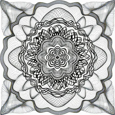 The design consists of multi-layered geometric shapes that radiate symmetrically from the center,forming intricate patterns. The patterns should feature gradually changing lines,which can be straight,wavy,or spiraled. Please use a harmonious color palette,predominantly cold tones. The entire image should evoke a sense of meditation and relaxation,akin to a finely crafted mandala or a meticulous currency security thread pattern,successive orderly beautifulmeticulous Bessel curve of money,cline,monochrome,incredibly absurdres,<lora:cx_V0:1>,