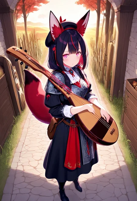 masterpiece, high quality, best quality, highres, 1girl, Kannachan, (Pink glowing eyes:0.5), red and black tail, medieval, bard, lute, beret, bard's clothing, fox tail, playing the lute, fox ears