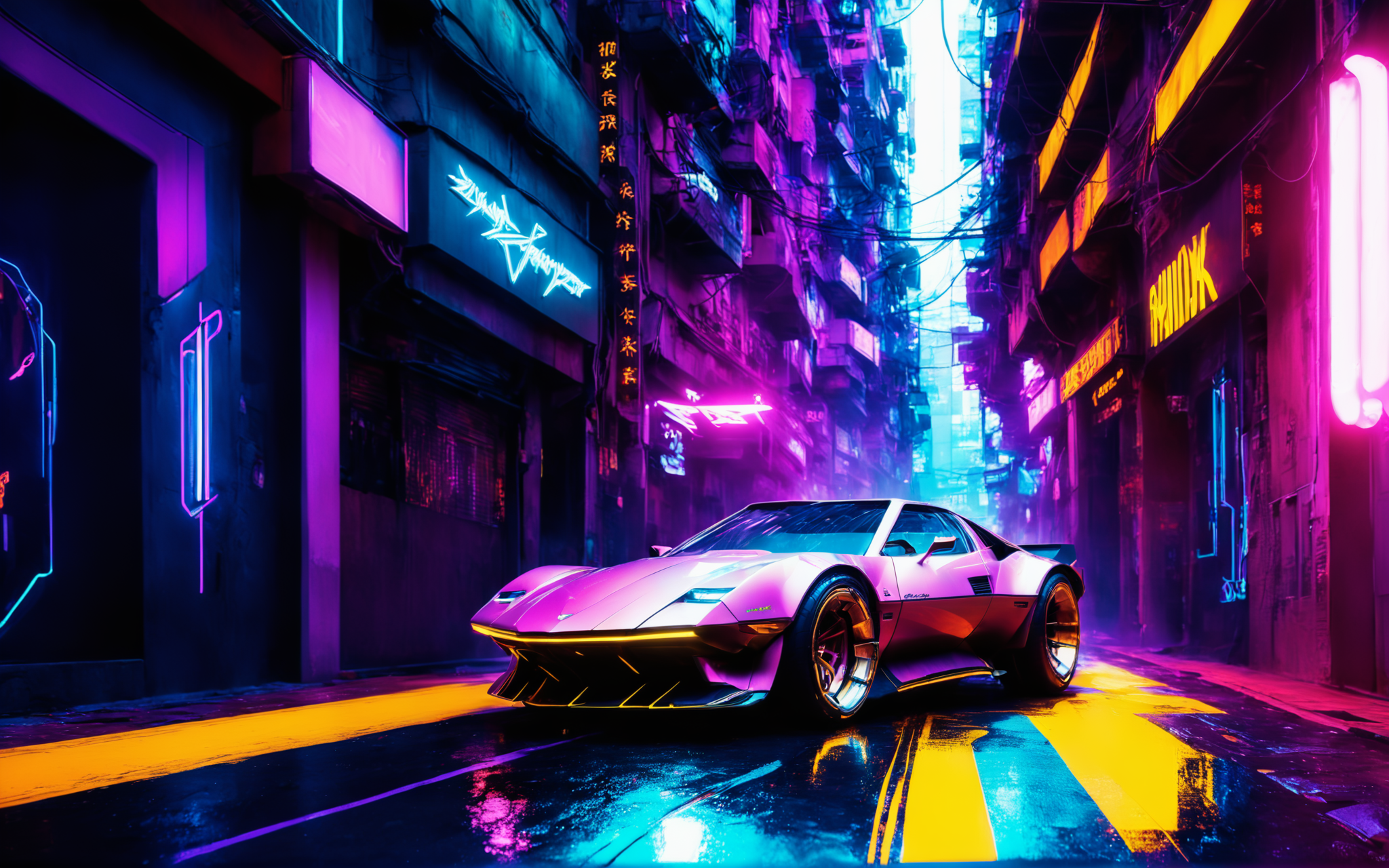 a scifi futuristic concept sportscar, (TRON rider:1), curvy and aerodynamic, Kowloon walled city narrow winding alleyway, light speed, flash, heavy rain, motion trail, a shining star(sun) in the background, (speed lines:1.1), (motion blur:1.1), high contrast, deep focus, TRON, style by Ridley Scott, Cyberpunk 2077, Bladerunner, fog, mist, epic visual effects, arc lightning, underglow, interstellar, flow, detailed, scifi, extremely detailed textures, star blast, dark vibrant colors, cosmic art, stars in background, headlights, cinematic scene, lens flare, cinematic color grading, film still, god rays, glow, art of Doug Chiang and John Park glowneon, fuji cinestill, light leak, glowing, sparks, lightning, ultra detailed  <lora:add-detail-xl:2>, dramatic lighting  <lora:blacklight_makeup_v2:1> ultraviolet blacklight reactive paint, powerlines, catwalks, alleyway  <lora:SDS_Contrast tool_XL:0.8> <lora:Halcyon Cyberpunk Style:1>