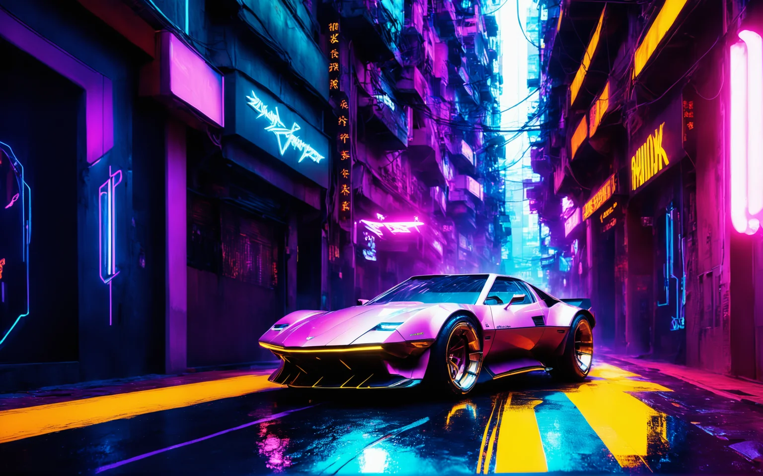 a scifi futuristic concept sportscar, (TRON rider:1), curvy and aerodynamic, Kowloon walled city narrow winding alleyway, light speed, flash, heavy rain, motion trail, a shining star(sun) in the background, (speed lines:1.1), (motion blur:1.1), high contrast, deep focus, TRON, style by Ridley Scott, Cyberpunk 2077, Bladerunner, fog, mist, epic visual effects, arc lightning, underglow, interstellar, flow, detailed, scifi, extremely detailed textures, star blast, dark vibrant colors, cosmic art, stars in background, headlights, cinematic scene, lens flare, cinematic color grading, film still, god rays, glow, art of Doug Chiang and John Park glowneon, fuji cinestill, light leak, glowing, sparks, lightning, ultra detailed <lora:add-detail-xl:2>, dramatic lighting <lora:blacklight_makeup_v2:1> ultraviolet blacklight reactive paint, powerlines, catwalks, alleyway <lora:SDS_Contrast tool_XL:0.8> <lora:Halcyon Cyberpunk Style:1>