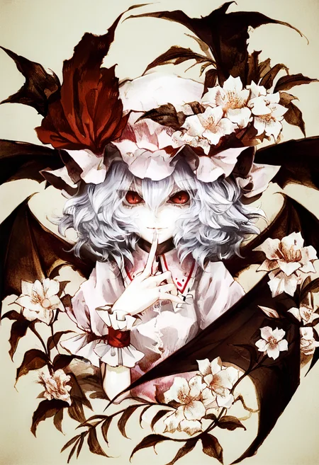 1girl, solo, remilia scarlet, hat, wings, flower, bat wings, red eyes, wrist cuffs, short hair, looking at viewer, mob cap, finger to mouth, upper body, hat ribbon, ribbon <lora:banpaiAkiraOSXL_NBVP1_lokr_V6311P:0.95>