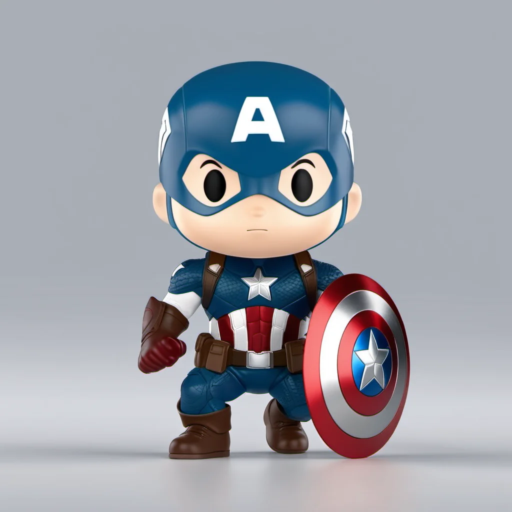 blind box style of Captain America holding a shield sitting on the ground,simple background, chibi, solo,(big head:1.2),small body,octane render, highly detailed, volumetric, dramatic lighting,pop, <lora:pop:0.8>