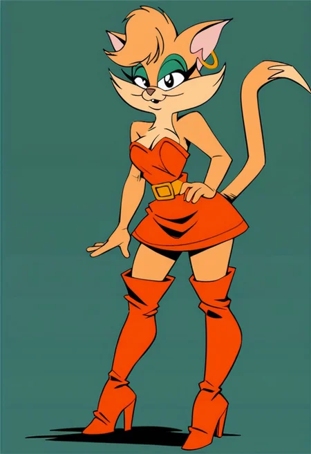 score_9, score_8_up, score_7_up, score_6_up, score_5_up, score_4_up, source_furry, Tabitha_Fantomcat, detailed eyes, detailed face, (retro artstyle, 1990s \(style\), flat color, toon \(style\)),1girl, solo, boots, thigh boots, hoop earrings, earrings, dress, thighhighs, jewelry, strapless, strapless dress, retro artstyle, short dress, high heels, bare shoulders, breasts, tube dress, braid, medium breasts
<lora:tabitha-v1:1>