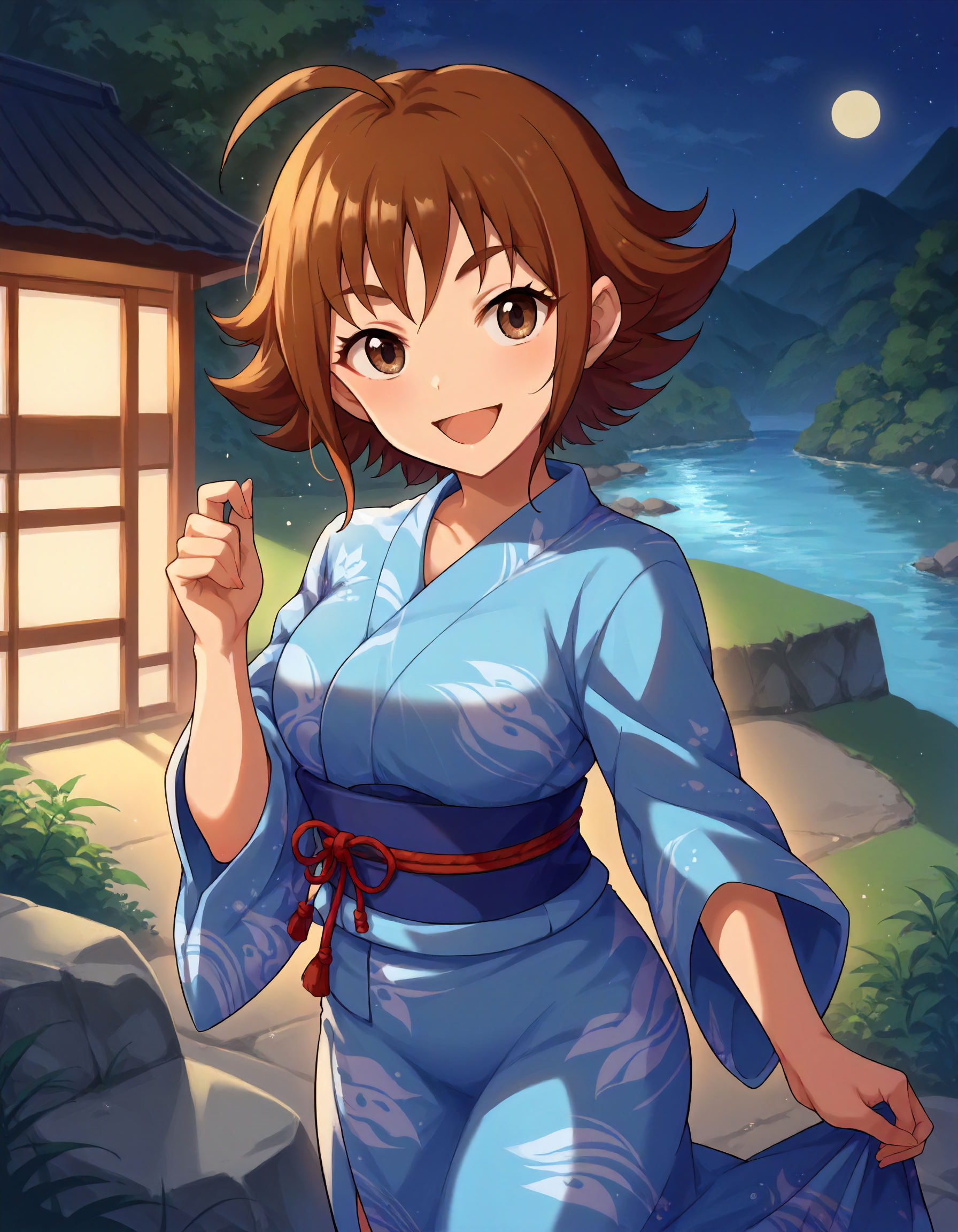 score_9,score_8_up,score_7_up,1girl,solo,cowboy shot,looking at viewer,smile,open mouth,outdoors,night,river,
<lora:nishijimakai_ponyXLV6:0.8>,cgnk,
brown hair,short hair,ahoge,brown eyes,
blue yukata,sash