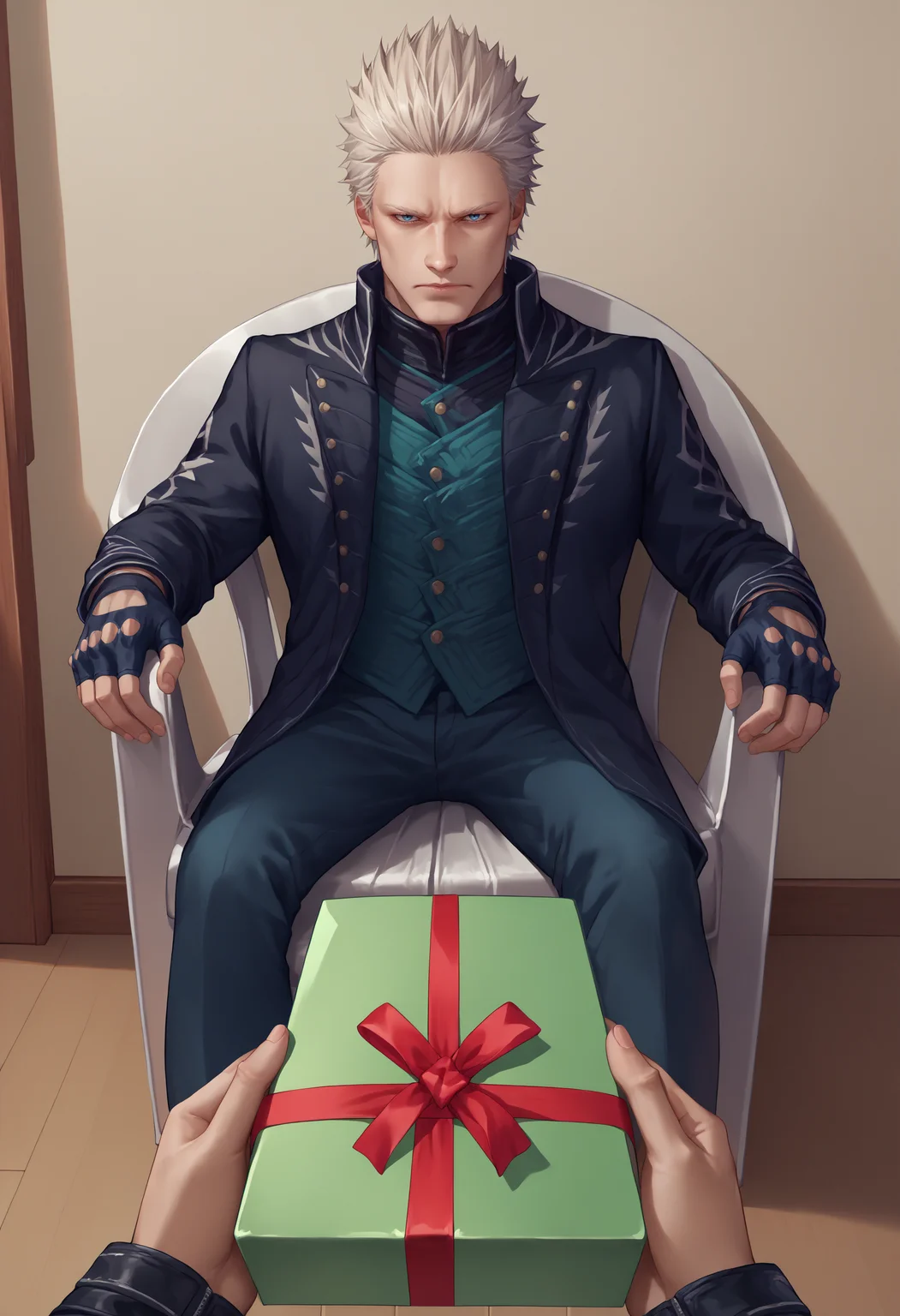 score_9, score_8_up, score_7_up, source_anime, <lora:POVGifting_XLPD:1>, PovGifting, pov hands, holding gift, gift box, indoors, <lora:PlasticChair_XLPD:1>, plastic chair, sitting, <lora:dmc5_vergil_ponyXL:1> dmc5vergil, black coat, fingerless gloves, pants