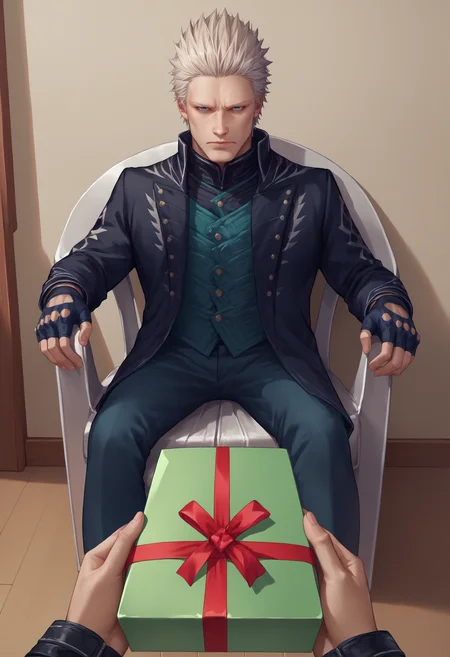 score_9, score_8_up, score_7_up, source_anime, <lora:POVGifting_XLPD:1>, PovGifting, pov hands, holding gift, gift box, indoors, <lora:PlasticChair_XLPD:1>, plastic chair, sitting, <lora:dmc5_vergil_ponyXL:1> dmc5vergil, black coat, fingerless gloves, pants