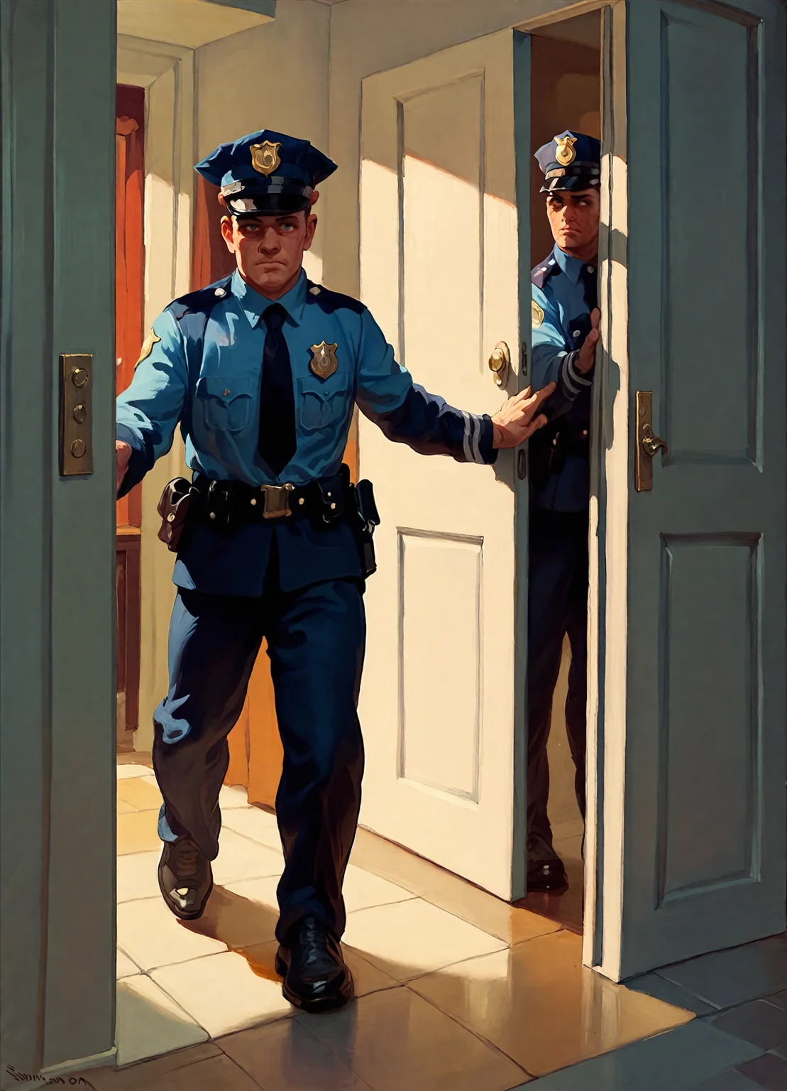 <lora:sundblom_pony_v1:1> '  ' by haddon sundblom in 1960,  the painting depicts two police officers standing in a doorway, score_9, score_6_up, score_7_up