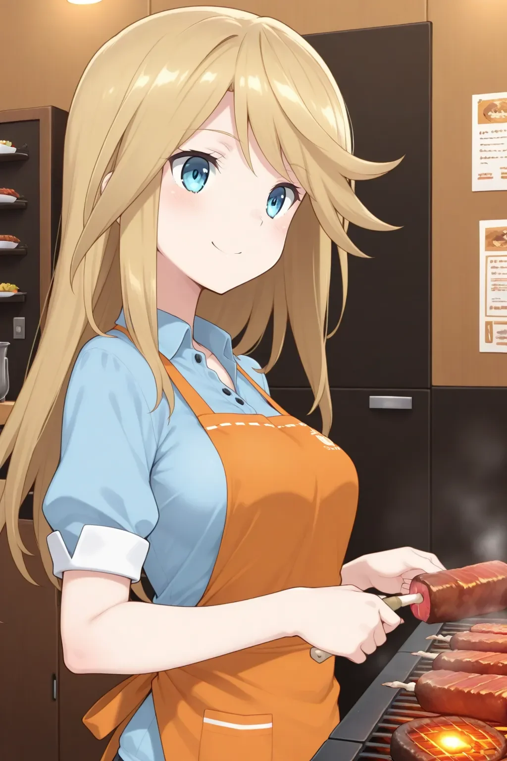 masterpiece, best quality, alicegear_shirley_ilxl ,<lora:alicegear_shirley_ilxl:0.9>1girl, solo, restaurant, steam, (from side:0.5), Grilling meat, apron, smile