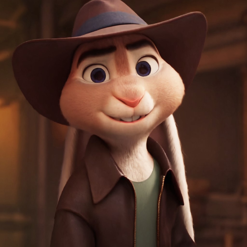 score_9, score_8_up, score_7_up, score_6_up, score_5_up, score_4_up, chickenhare, rabbit, bunny nose, 1boy, solo, bunny ears, fur, furry male, male, black eyebrows, 3D, cgi, blue ears,, leather jacket, cowboy hat, green shirt, brown pants, standing, looking at viewer, smile, detailed fur, 4K, absurd res, best quality, perfect, masterpiece, high quality, Expressiveh,