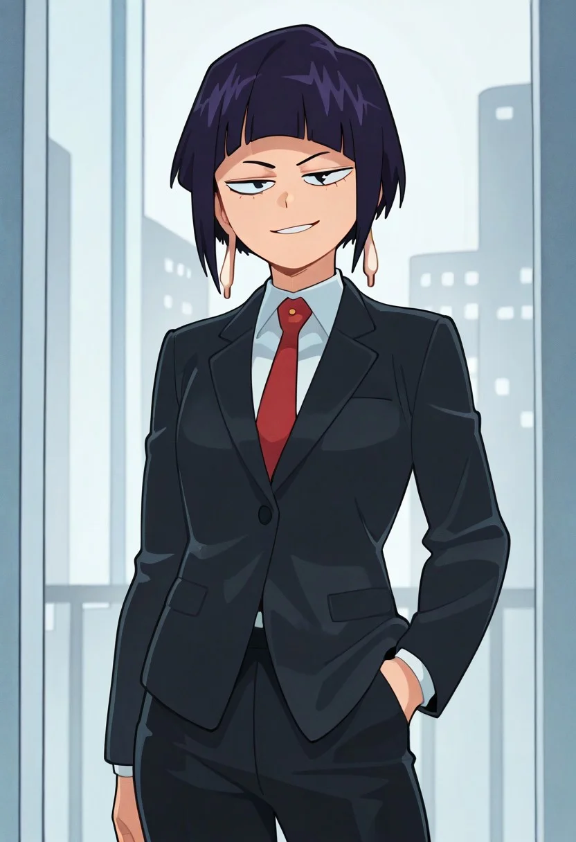 suoiresnu
1girl, solo, (illujiro, short hair, bangs, long earlobes, purple hair, black hair, black eyes, small breasts, smirk, standing, black business pants, business jacket, white shirt, red necktie,)
,
masterpiece, best quality, very aesthetic, highres, absurdres, urban background, looking at viewer