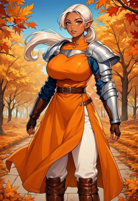 score_9, score_8_up, score_7_up, score_6_up, score_5_up, score_4_up, ANIMEShader, beautiful elven woman, (dark skin:1.3), long white hair in a ponytail, small cute button nose, soft round chin, detailed orange eyes, bright orange eyes, high definition eyes, detailed eyes, elf ears, huge breasts, orange dress, long sleeves, armor, shoulder pads, breastplate, belt, fingerless gloves, white pants, brown boots, autumn, blue sky,