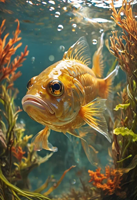 ((Fisheye lens)), Create an abstract realistic artwork of a golden fish swimming in an aquarium, viewed through an extreme fisheye lens. The exaggerated curvature of the glass should make the fish appear larger and more dynamic, with intricate details on its shimmering scales in warm hues of gold and orange. The extreme fisheye effect should distort the surroundings dramatically, bending the vibrant, abstract aquatic plants into surreal shapes. Soft bubbles should rise towards the surface, and beams of light should refract through the water, creating mesmerizing patterns. The overall composition should blend realism with abstract elements, emphasizing the unique, immersive perspective.
style of greg rutkowski,janek sedlar,jenny saville:0]  <lora:vivid_everclear:0.35>  <lora:Sinozick:0.35>  <lora:MJ52:0.35>