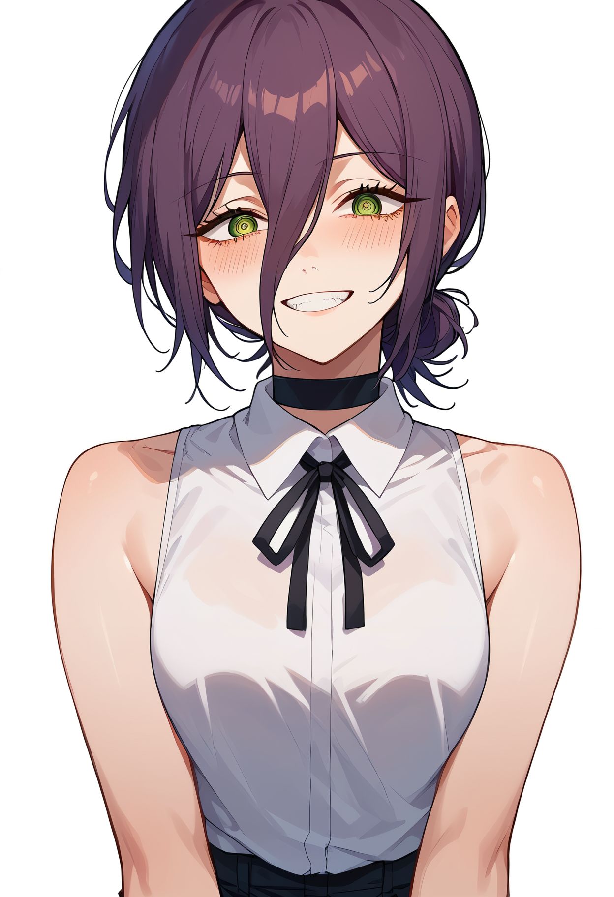 score_9,score_8_up,core_7_up,reze \(chainsaw man\),    <lora:reze_chainsaw_man_pdxl_v1_goofy:1>1girl, bare shoulders, black choker,purple hair, black ribbon, black shorts, blush, choker, green eyes, grin, hair between eyes, hair bun, neck ribbon, ribbon, shirt, short hair, shorts, simple background, single hair bun, sleeveless, sleeveless shirt, smile, solo, white background, white shirt