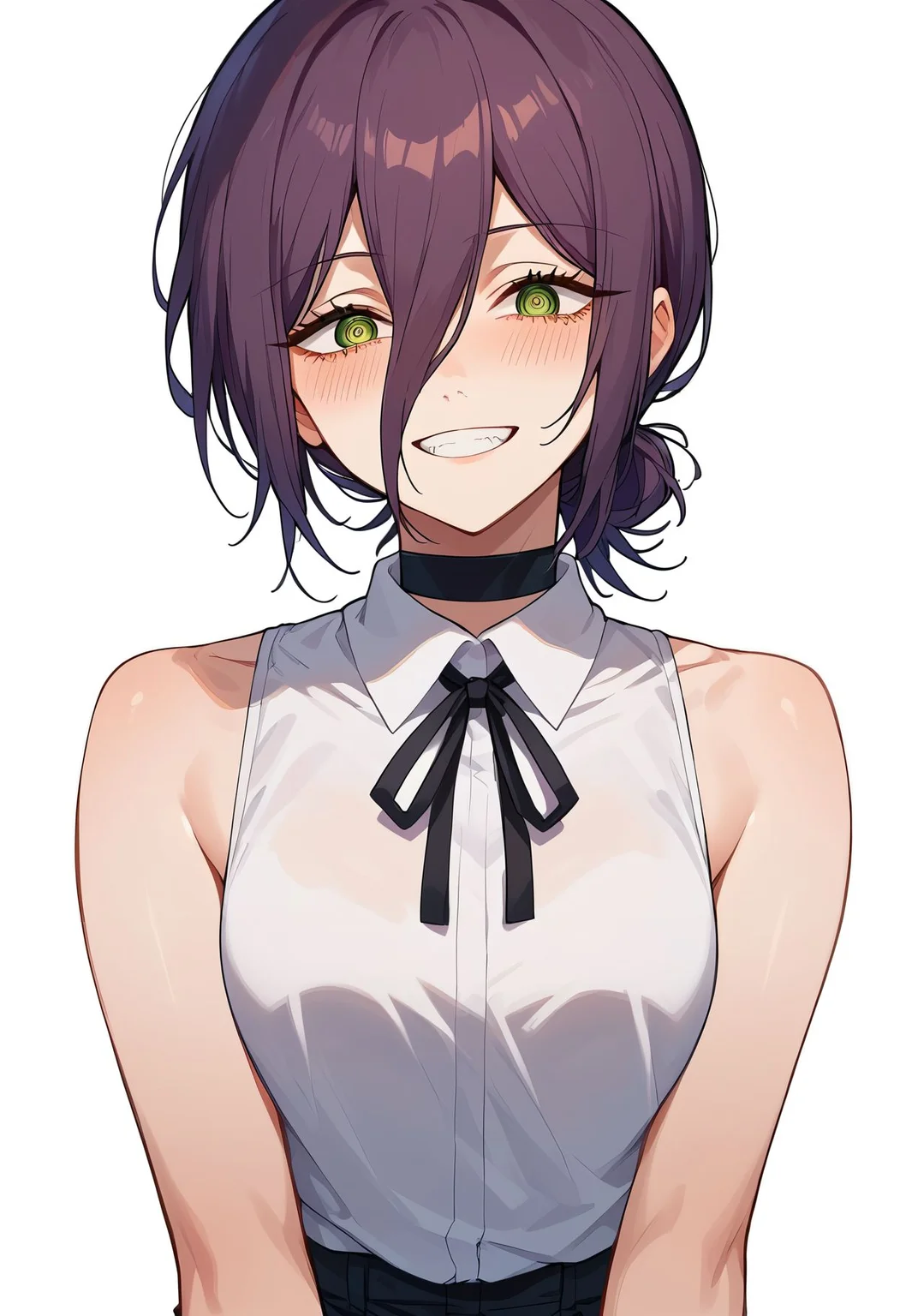 score_9,score_8_up,core_7_up,reze \(chainsaw man\), <lora:reze_chainsaw_man_pdxl_v1_goofy:1>1girl, bare shoulders, black choker,purple hair, black ribbon, black shorts, blush, choker, green eyes, grin, hair between eyes, hair bun, neck ribbon, ribbon, shirt, short hair, shorts, simple background, single hair bun, sleeveless, sleeveless shirt, smile, solo, white background, white shirt