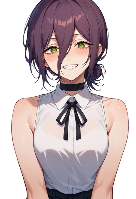 score_9,score_8_up,core_7_up,reze \(chainsaw man\),    <lora:reze_chainsaw_man_pdxl_v1_goofy:1>1girl, bare shoulders, black choker,purple hair, black ribbon, black shorts, blush, choker, green eyes, grin, hair between eyes, hair bun, neck ribbon, ribbon, shirt, short hair, shorts, simple background, single hair bun, sleeveless, sleeveless shirt, smile, solo, white background, white shirt