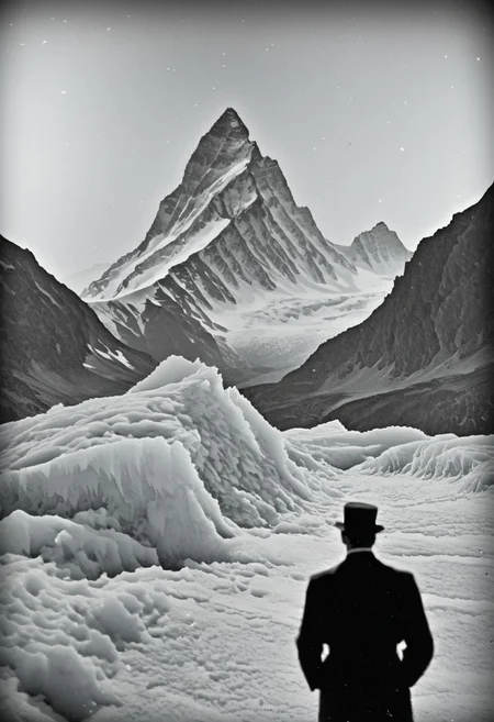 antique photo of mountain range in the distance, ice covered jagged mountain peaks, eerie atmosphere, lonely weanderer looking into the distance, at the mountains of madness, , lovecraft horror