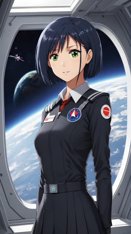 <lora:Ichigo-000001:1> Ichigo, wearing a uniform, in a space station, earth visible outside window