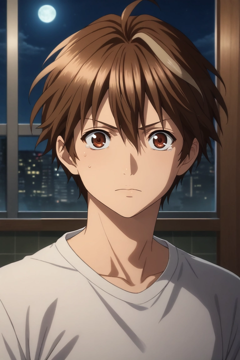 score_9, score_8_up, score_7_up, source_anime, rating_safe, , (realistic:0.6), looking at viewer, depth of field, 1boy, solo, male focus, <lora:shuu_ouma_pony:1>, shuu_ouma, brown hair, brown eyes, short hair, ahoge, hair between eyes, panorama, bathroom, night, full moon, villain pose, tearing up, , <lora:sdxl_lightning_8step_lora:1>