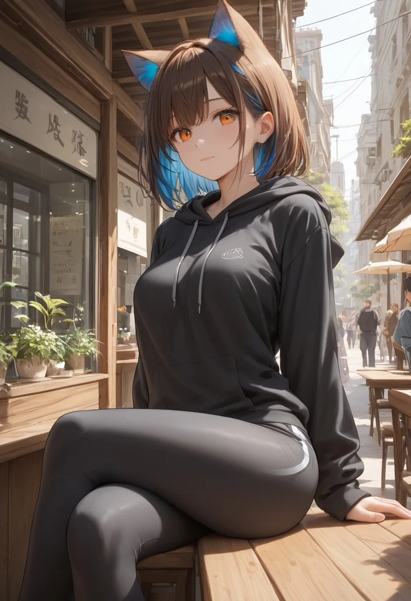 score_9, score_8_up, score_7_up, score_6_up, dynamic, (anime, masterpiece), best quality, (8k), detailed background, 1girl, adult, long brown hair, bright orange eyes, cute nose, black eye shadow, normal breasts, natural breasts, beautiful butt, close up, super detailed, super high quality, hyper detailed background, sexy, cat ears, embedding:zPDXLxxx, crossed legs, street view, black hoodie, black yoga pants, sits in a cafe in italy in the street, cinematic lighting, sharp focus, intricate, ambient lighting, blue hair highlights, Expressiveh, zPDXLxxx, zPDXL3, bralette