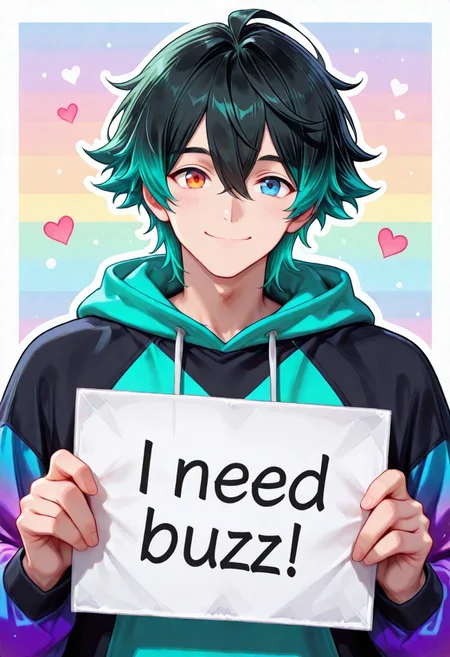 score 9, score 8, score 7, masterpiece, best quality, gorgeous details, best aesthetics, perfect anatomy, perfect proportions, high resolution, anime illustration of a man, white border, white outline, 1 boy, male forum, solo, smile , colored hair, random hair color, random eye color, green hair, black hair, multicolored hair, blue eyes, orange eyes, pastel colors, rainbow background, a multicolored hoodie with an iridescent gradient, In his hands he holds a cardboard sign with the inscription "need_buzz" and heart , on which it says, street background,