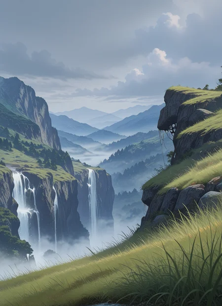 artist:, masterpiece, best quality, newest, very awa, absurdres, highres, scnr, waterfall, hills, grass, fog, sky, detailed, <lora:SDXL\Illustrous\Concept\Scenery_Enchancer-Illu-scnr:1.0>