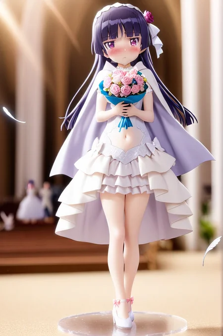 1girl,gokou ruri,petite,blush,shy,(gorgeous wedding dress),incoming,frilled swimwear,cape,bouquet,beach,church,flare,navel,floating feather,anime figure,masterpiece, best quality, <lora:ruri_XL:0.7> <lora:better skin typeB-v1:0.5> <lora:XDetail_light:1> <lora:FigureXL:1>