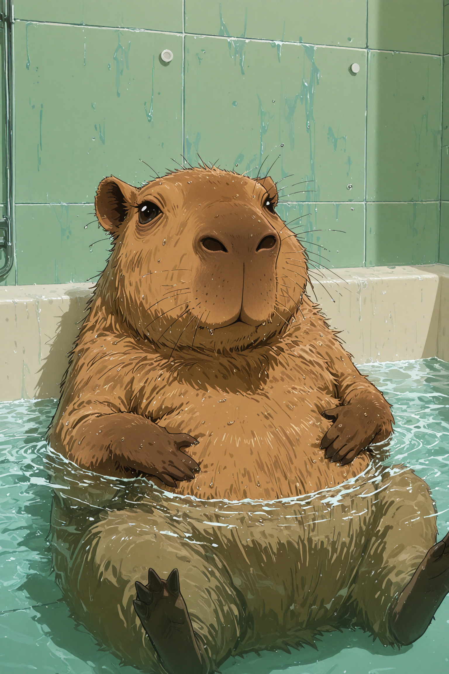 no humans, capybara, rodent, animal focus, bathtub, bathroom, tile wall, soaked, sitting in water, water surface, relaxed, neutral expression, hands on stomach, partially submerged,                       
masterpiece,best quality,amazing quality,very aesthetic,absurdres,newest, anime coloring,   