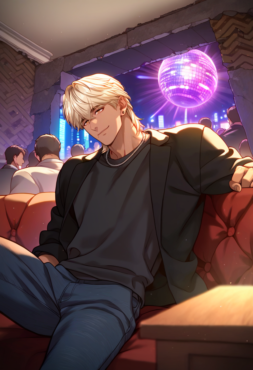 1boy, male focus, solo,
<lora:Character - Questism - JaehaHanPony-40:1> jaehahan, blonde hair, brown eyes, necklace, stud earrings, dark-skinned male, 
,((zPDXL)), score_9_up, score_8_up, score_7_up, score_6_up, score_5_up, score_4_up, best quality, amazing quality, best aesthetic, amazing aesthetic, absurdres, year2023, uncensored, very nsfw, official art, official style, depth of field, detailed eye,
night, indoors, black shirt, jacket, ruins, couch, on couch, hands behind couch, nightclub, crowd, pants, (Nightclub:1.3), seductive smile, disco ball, 
<lora:Style - Expressive_H-000001:1> expressiveh