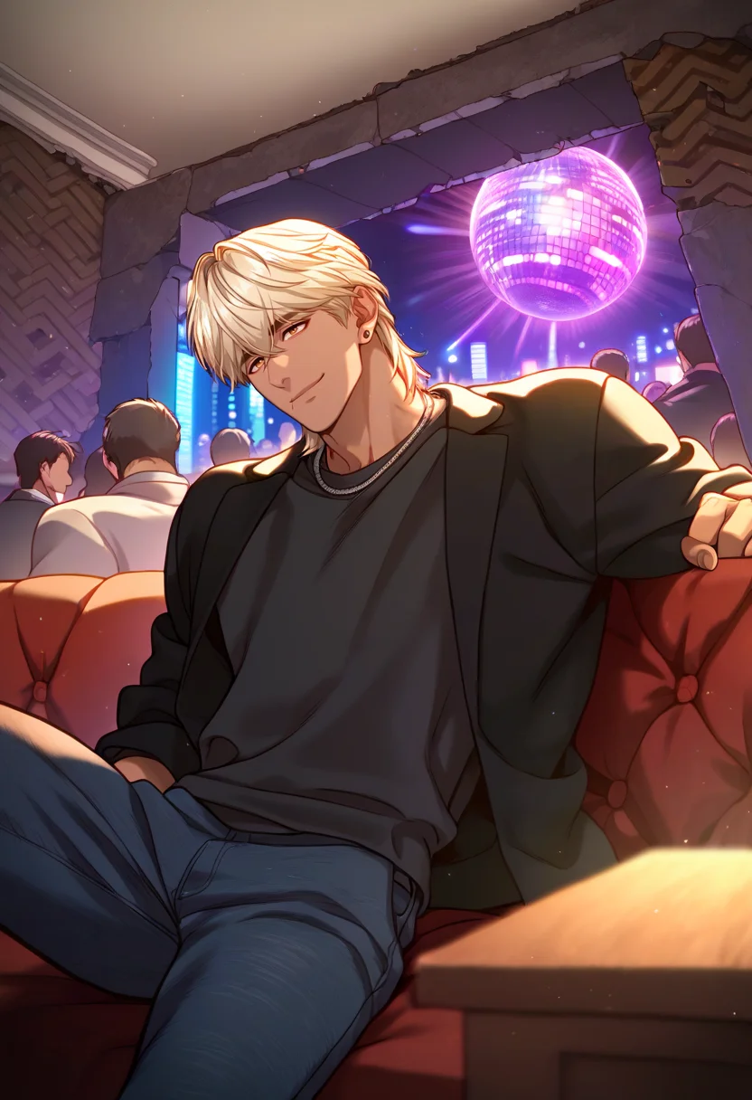1boy, male focus, solo,
<lora:Character - Questism - JaehaHanPony-40:1> jaehahan, blonde hair, brown eyes, necklace, stud earrings, dark-skinned male,
,((zPDXL)), score_9_up, score_8_up, score_7_up, score_6_up, score_5_up, score_4_up, best quality, amazing quality, best aesthetic, amazing aesthetic, absurdres, year2023, uncensored, very nsfw, official art, official style, depth of field, detailed eye,
night, indoors, black shirt, jacket, ruins, couch, on couch, hands behind couch, nightclub, crowd, pants, (Nightclub:1.3), seductive smile, disco ball,
<lora:Style - Expressive_H-000001:1> expressiveh