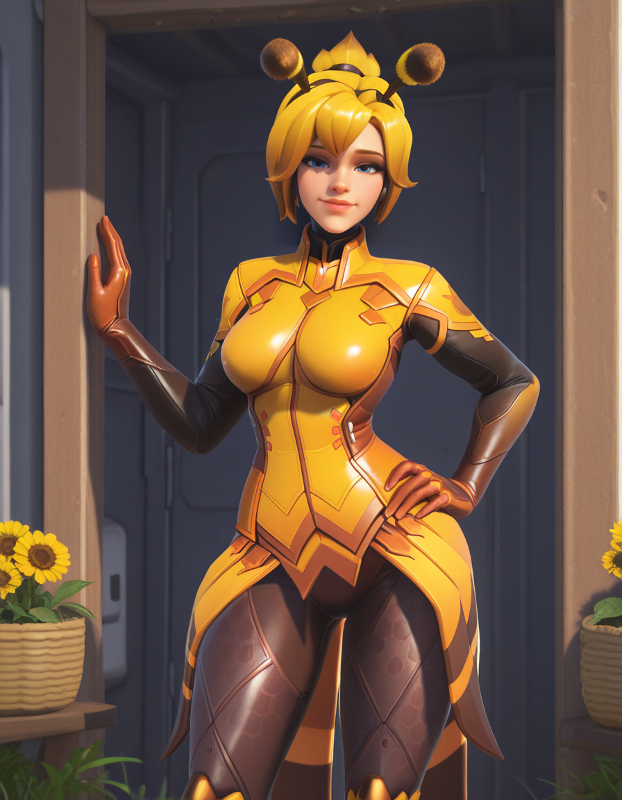 Masterpiece, high-res, 2k, best quality, 2.5d, 1girl, mercy (overwatch), beemercy , bee, headband <lora:bee_mercy_illus-000040:1>  in a flower camp Romantic Lean: Lean against a wall or doorframe with one hand on your hip creating a pose that exudes both sensuality and femininity.