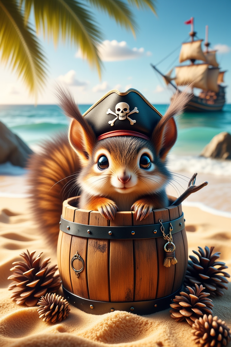 A cute pirate squirrel, with a charming pirate hat perched atop its head, joyfully pops its head out of a wooden barrel filled to the brim with pinecones. Its fluffy tail curls up playfully as it surveys its surroundings with bright, mischievous eyes. The setting is a tropical beach on a small island, golden sand stretching out beneath the squirrel. In the background, a grand pirate ship with billowing sails and a fluttering pirate flag is anchored just off the shore, adding a sense of adventure to the peaceful scene. The sunlight casts a warm glow on the beach, illuminating the details of the squirrel's fur, the texture of the barrel, and the intricate patterns of the pinecones. The soft waves crash gently in the distance, adding a subtle sparkle to the water. High contrast and vibrant colors enhance every detail, from the squirrelâs delicate whiskers and fluffy fur to the shipâs weathered wood and the tropical landscape. Hyper-detailed realism brings this whimsical, pirate-themed scene to life with an enchanting mix of fun and fantasy.
<lora:ral-furpirates-flux:0.85> ral-furpirates
<lora:zhibi_flux:0.8> small zhibi, cute
<lora:Dever_Flux_Enhancer:0.5>