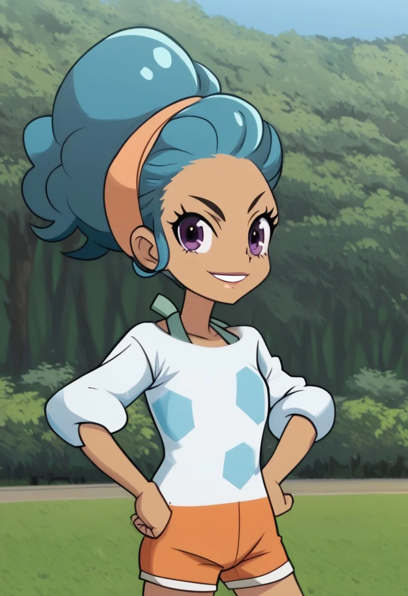 score_4_up, bakugan battle planet, lia venegas, 1girl, blue hair, solo, hairband, smile, looking at viewer, dark skin, hand on hip, dark-skinned female, shirt, purple eyes, eyelashes, white shirt, clenched hand,ponytail, outdoors, short pants
