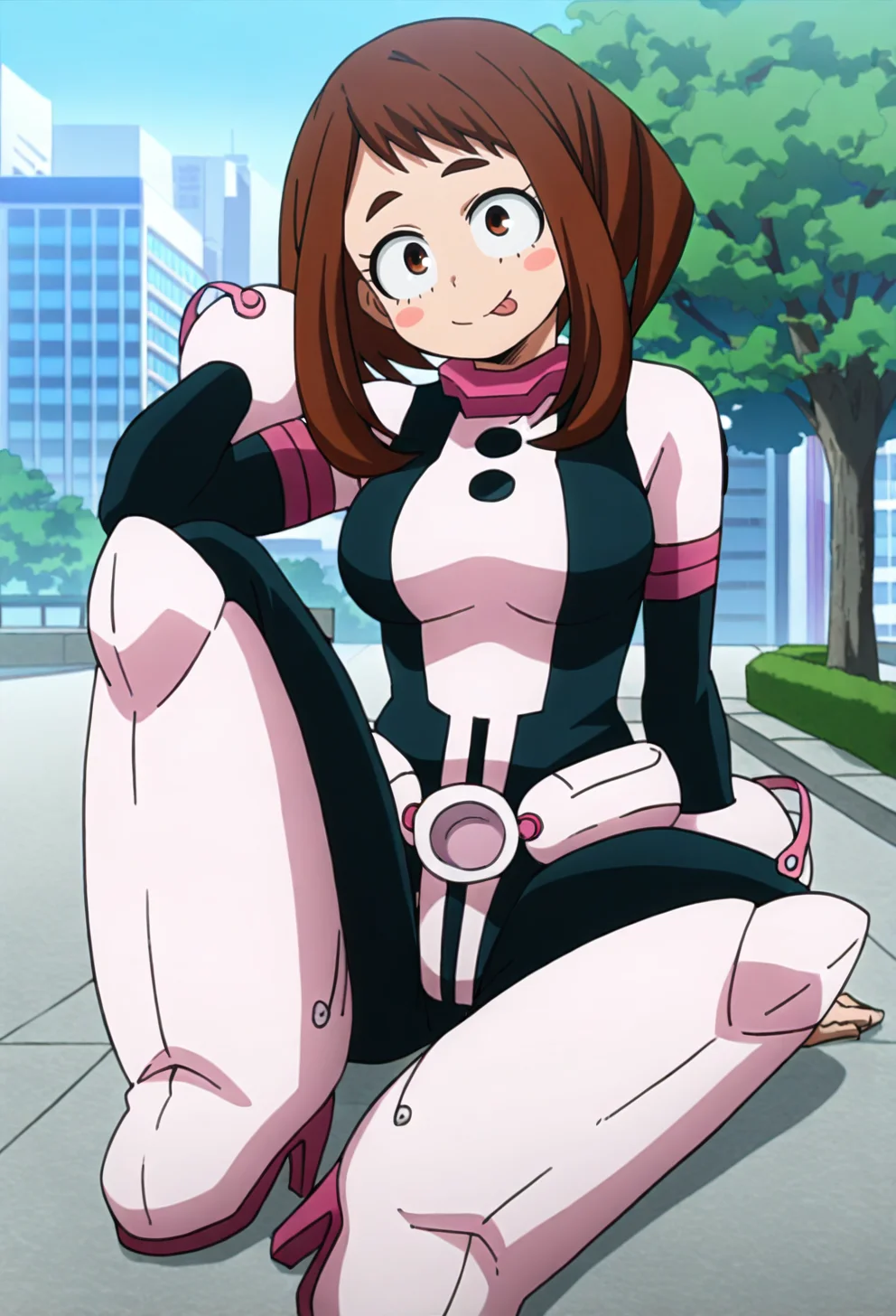 best quality, amazing quality, very aesthetic, absurdres,anime screencap, uraraka ochako, 1girl, brown hair,brown eyes, solo, superhero, hero bodysuit,(pink belt), pink wrist guards,pink boots, closed mouth, sitting, medium breasts,arm behind head, :p,tongue out,smile, blush stickers,looking at viewer, city, sidewalk, tree, head tilt,knee up,high heels,knee boots,full body, <lora:OchakoIllus:1>