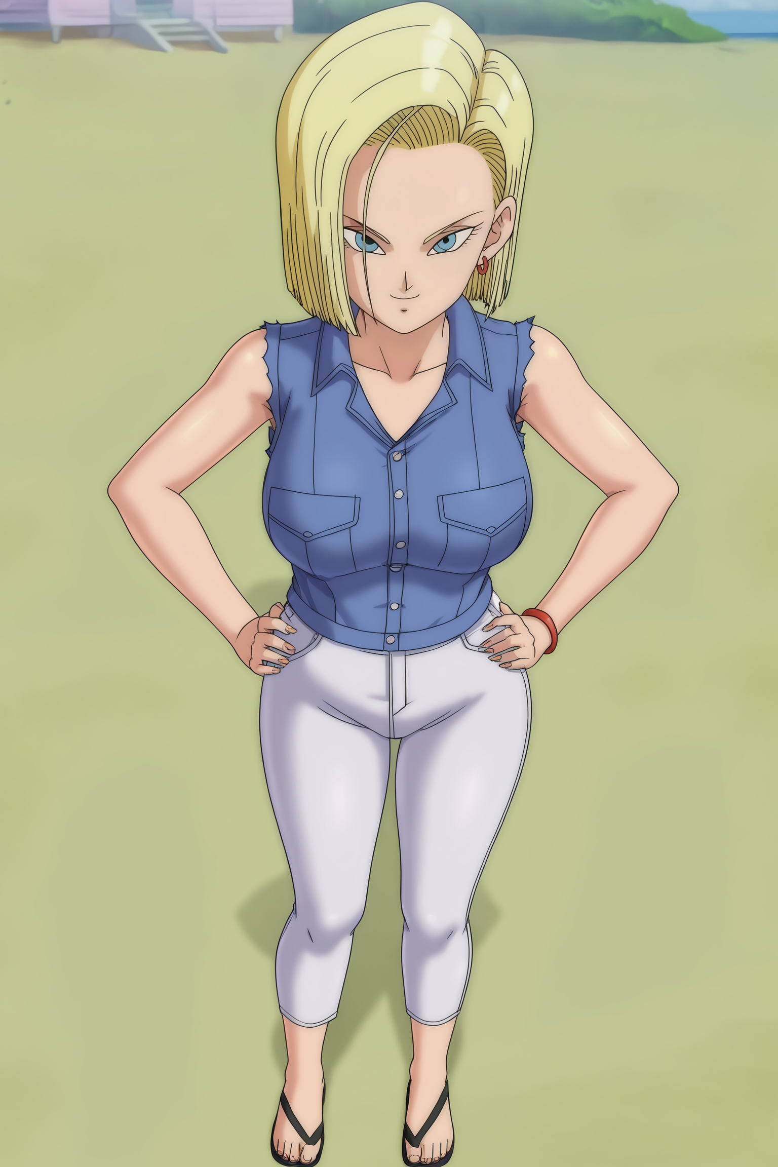 source_anime, score_9, score_8_up, score_7_up, anime screencap, absurdres,
android 18, buu saga, buu saga outfit, official style, 1girl, solo, looking at viewer, short hair, closed mouth, smile, blue eyes, blonde hair, outdoors, sand, full body, rock, day, sky, sandals, toenails, denim, spread legs, standing, hand on hip, arm by side, from above, pocket, jeans, white pants, denim jacket, v-shaped eyebrows, sleeveless jacket, fingernails, white bottomwear, bare arms, light blue jacket, jacket only, collarbone, large breasts, hoop earrings, buttons, collared jacket
 <lora:c18_v1:0.8>
