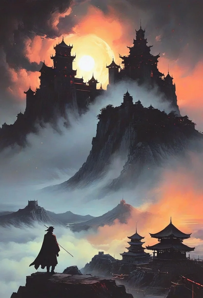 score_9, panorama landscape, architecture, street market, street, outdoor market, sunset, dracula japan village, Japan, enchanted fortress and fortified castle, above the clouds, mystical atmosphere, detailed stone and wood walls, europinian man, 50 years old, devil, blood, bloody mist swirls around, weibo, drawing, formal, black hair, devil horns, double halo, hunter eyes, holding finger to lips, shush, intimidating retro 90's, red, black, science fiction, a dark sky lit by the glow of distant moons and neon lights. rockpunk, yoji shinkawa, James Jean, Ayami Kojima, village<lora:EnvySendNoodzXL01:-2><lora:EnvyZoomSliderXL01:.5>