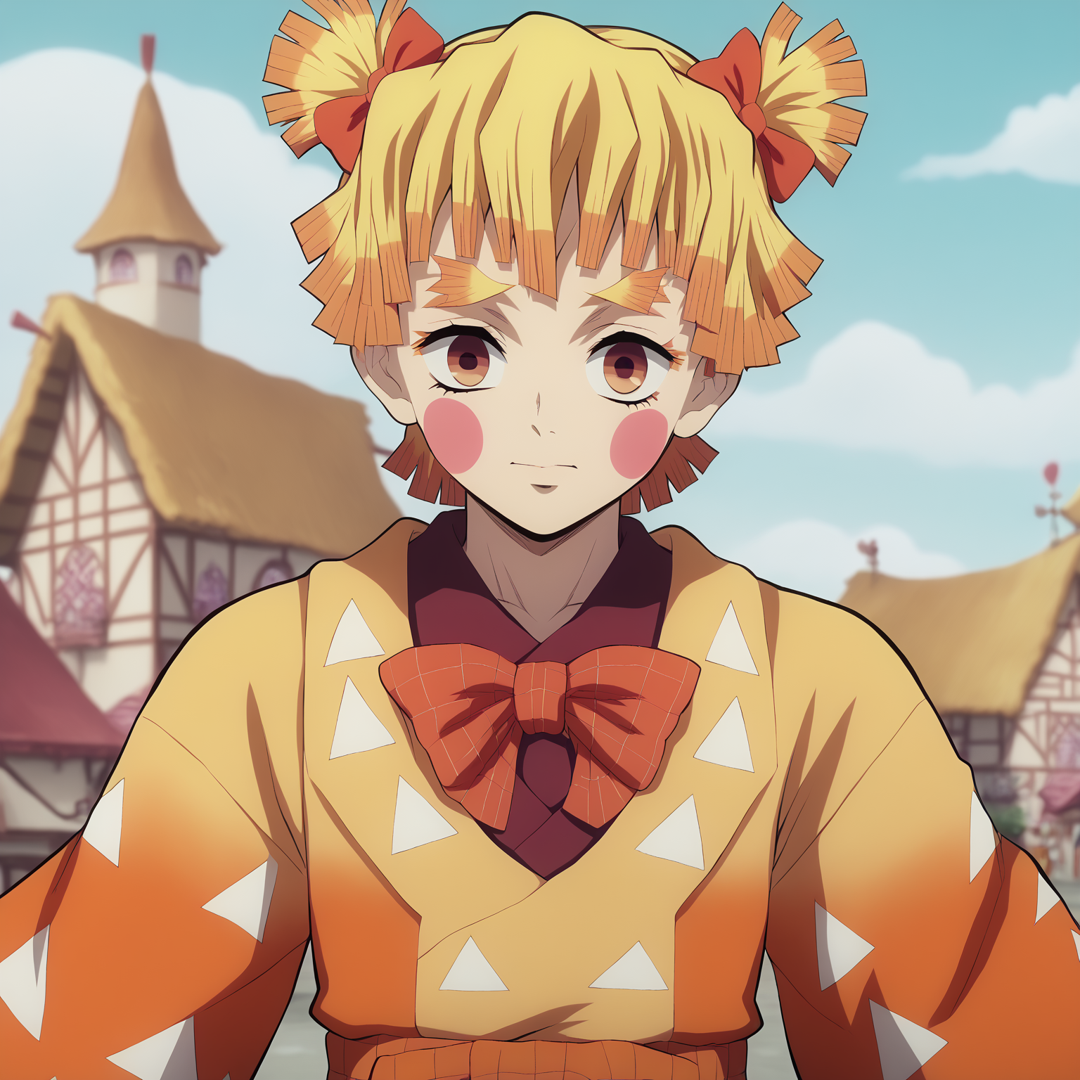 <lora:SlimesFemZenitsu-000003:1>, slimes_femzenitsu, eyes open, brown eyes, village background