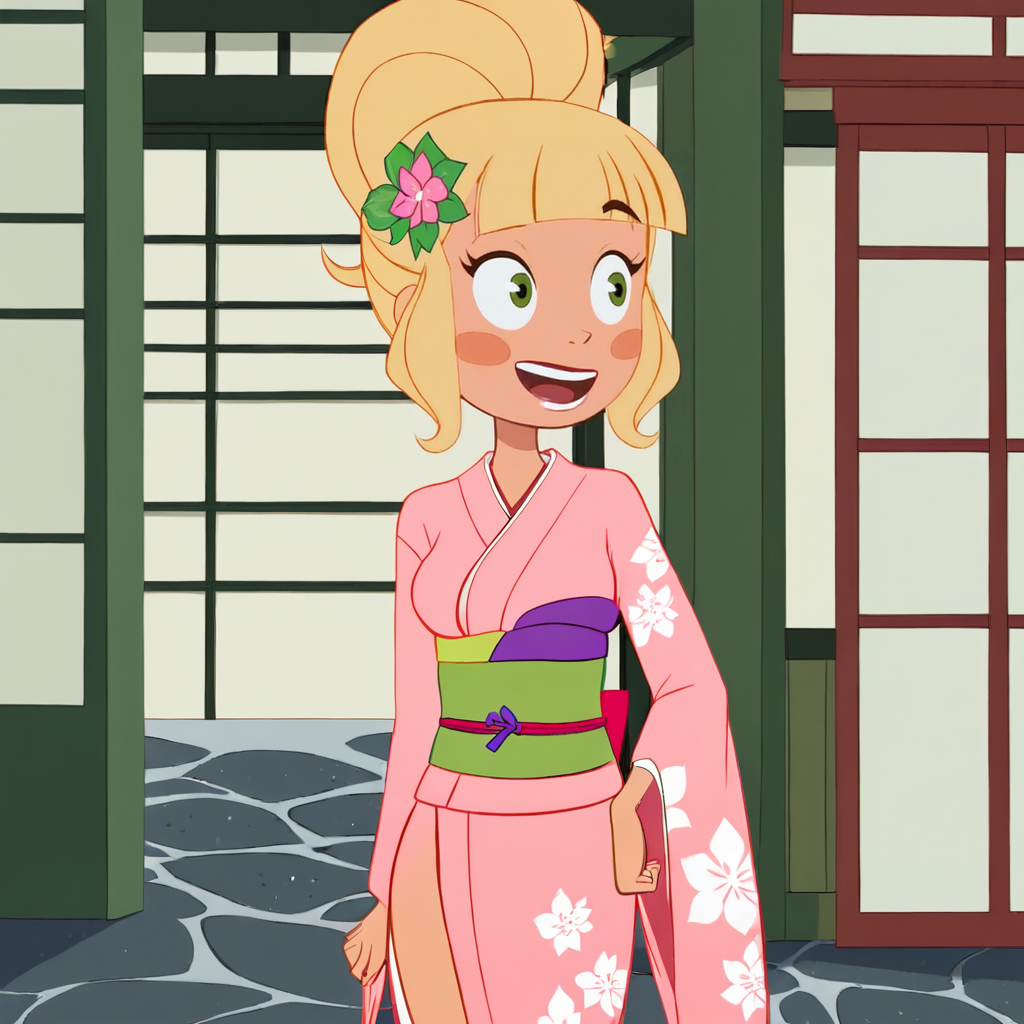 <lora:MissTinker_pony_v1:.8>  MissTinker, 1girl, blush stickers, blonde hair, green eyes, single hair bun,  breasts, sidelocks, bangs, cowboy shot,, japanese clothes, kimono, hair ornament, blush, hair flower, pink kimono, sash, obi, floral print, wide sleeves