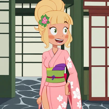<lora:MissTinker_pony_v1:.8>  MissTinker, 1girl, blush stickers, blonde hair, green eyes, single hair bun,  breasts, sidelocks, bangs, cowboy shot,, japanese clothes, kimono, hair ornament, blush, hair flower, pink kimono, sash, obi, floral print, wide sleeves