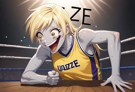 EnD_Niji_Sports, source_pony, Wheeze, open mouth, tears, laughing, Derpy Hooves, colored skin, grey skin, smile, crazy eyes, collarbone, upper body, shirt, bare shoulders, closed mouth, sweat, sleeveless, makeup, sportswear, wrestling uniform, hand on table, english text, clenched hand BREAK PonyXLV6_Scores
