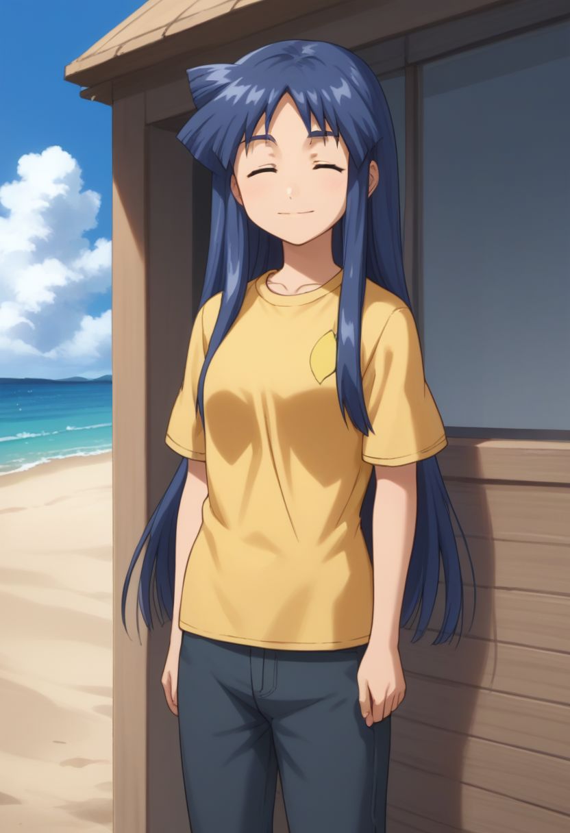 score_9, score_8_up, score_7_up, source_anime, highly detailed,
chizuru, 1girl, solo, closed eyes, long hair, blue hair, shirt, smile, pants, t-shirt, short sleeves, yellow shirt, arms at sides,
outdoor, beach, sky, cloud.