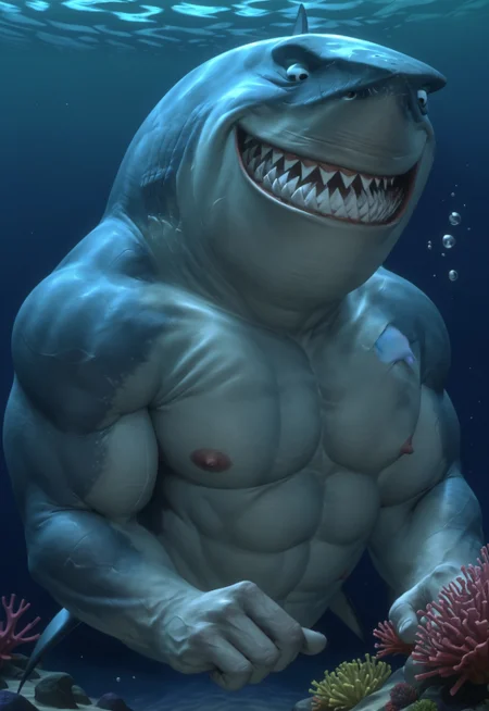 safe_pos, safe_pos, safe_pos, score_9, score_8_up, rating_nsfw, ultra hd, absurdres, best quality, best aesthetic, masculine, hand with five fingers, solo, 1boy, male focus, perfect proportions, erotic, mature male, Expressiveh, WolfConF,

FindingBruce, shark, no humans, sharp teeth, pokemon (creature), underwater, coral reef, beautiful ocean